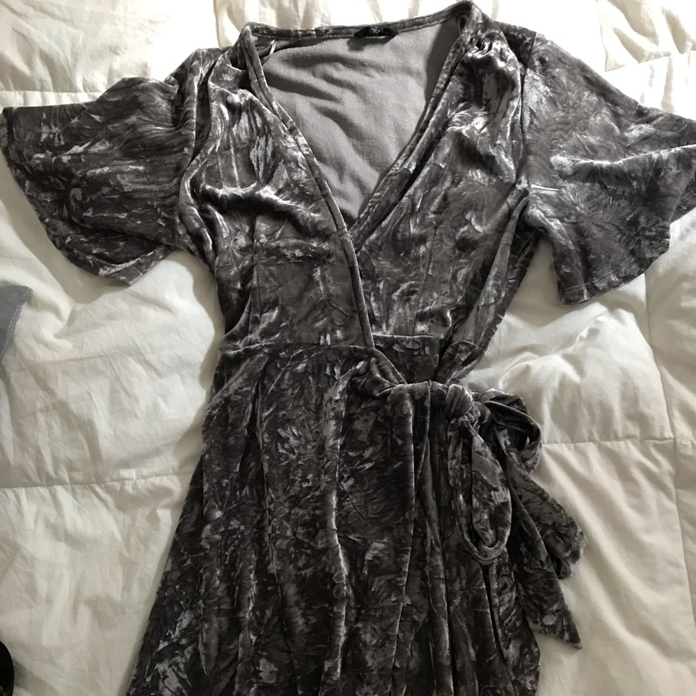 Silver floor length wrap dress